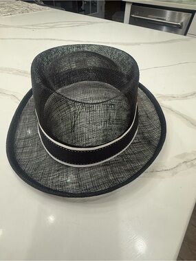 Black Mesh Fedora with White-Trim Band and Feather Accent by Stacy Adams